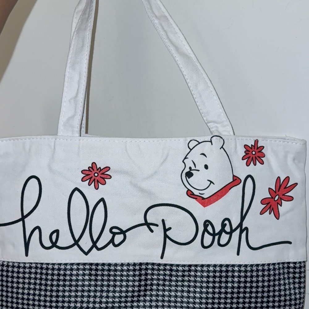 Hello Pooh White Canvas Tote Bag with Red Accent
